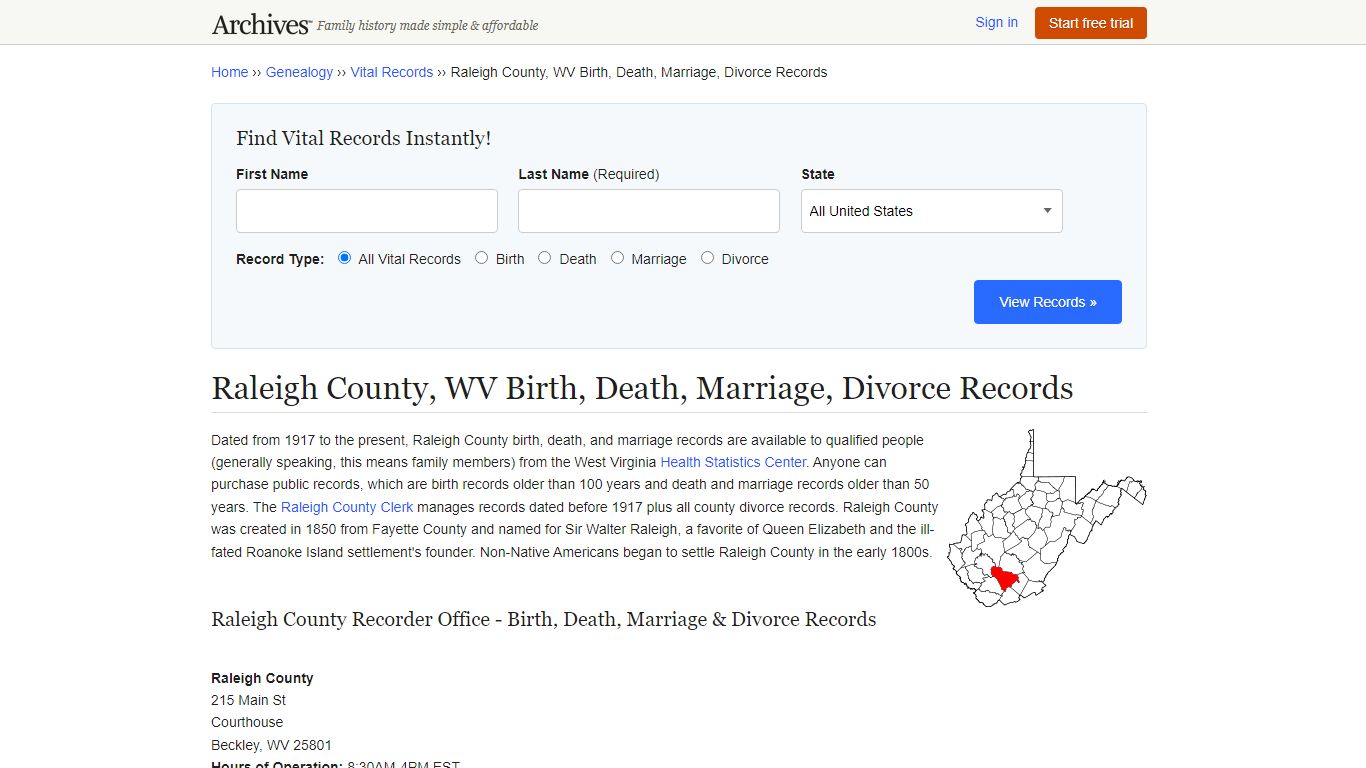 Raleigh County, WV Birth, Death, Marriage, Divorce Records